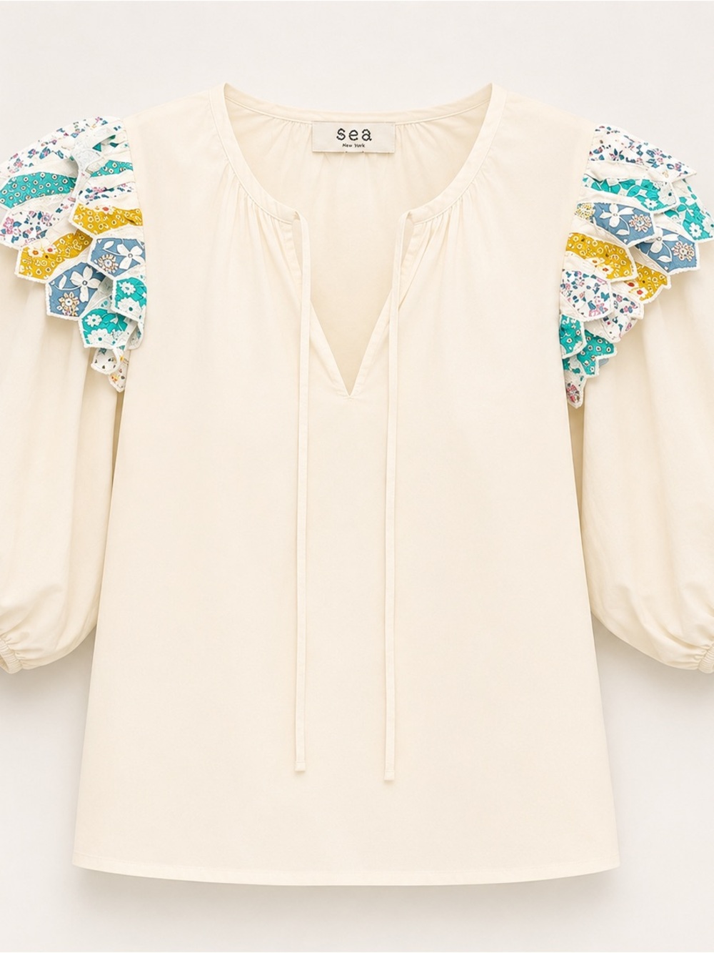 Sea New York Cream Peasant Blouse with Multicolor Floral Ruffle Shoulders